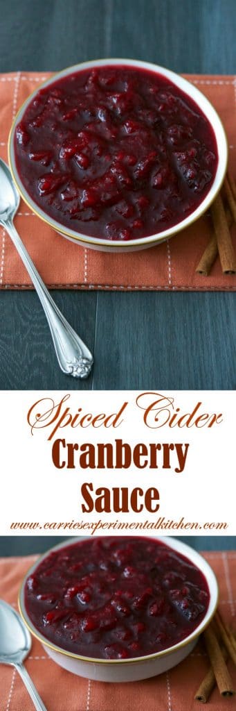 Spiced Cider Cranberry Sauce made with fresh whole cranberries slowly simmered in apple cider, sugar and pumpkin pie spice will make a tasty addition to your Thanksgiving table.