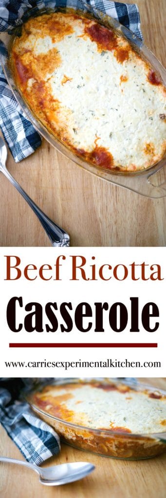 A collage photo of beef ricotta casserole