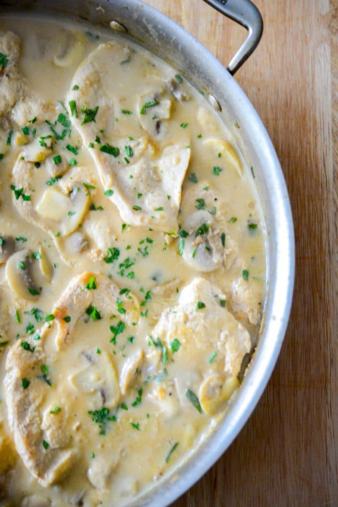 Boneless Chicken in a creamy mushroom brandy sauce.