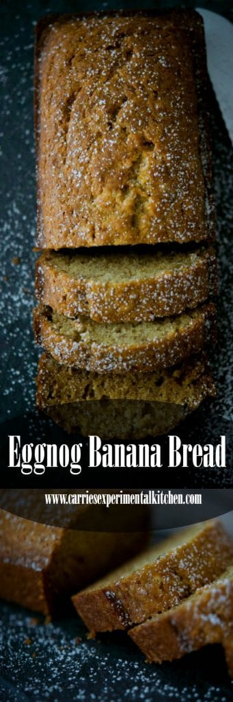 Combine the flavors of the season with this Eggnog Banana Bread made with bananas, eggnog and nutmeg. Make into mini loaves for gift giving too! 