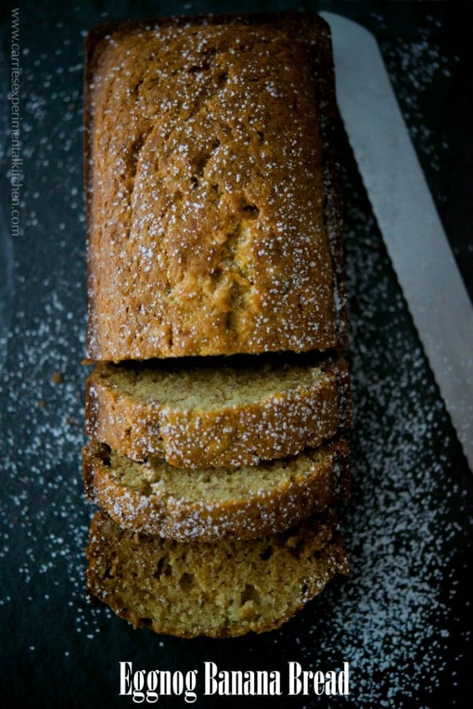 Combine the flavors of the season with this Eggnog Banana Bread made with bananas, eggnog and nutmeg. Make into mini loaves for gift giving too! 