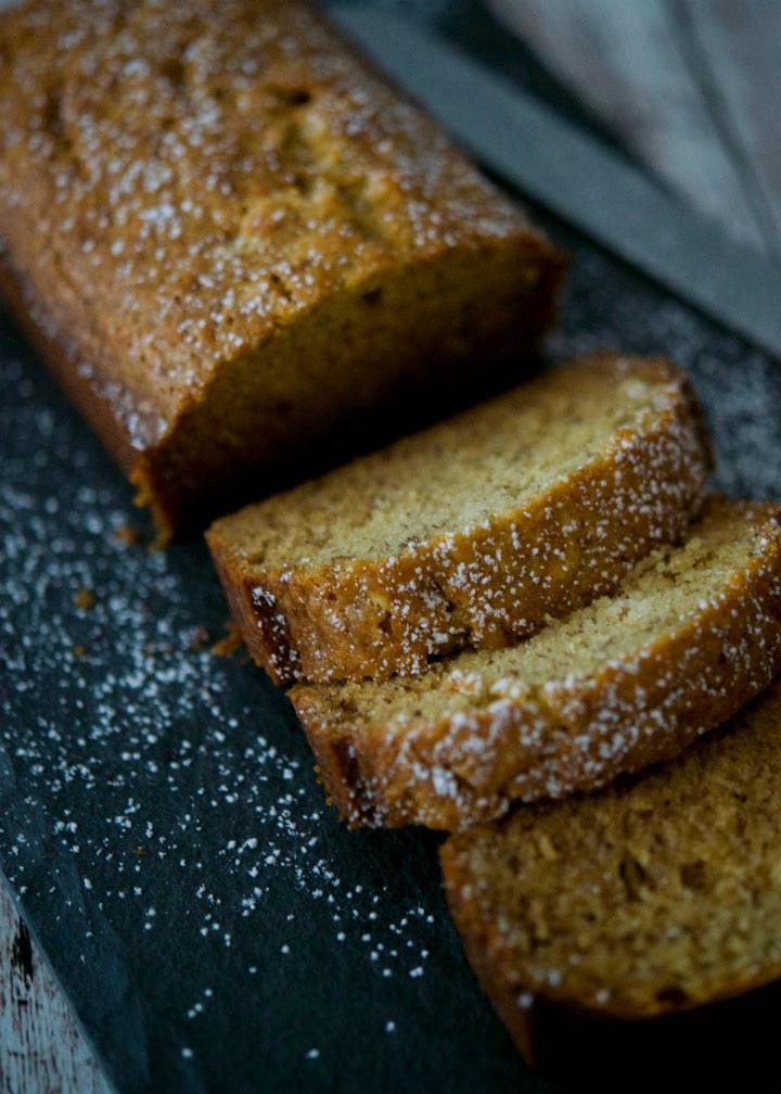 Combine the flavors of the season with this Eggnog Banana Bread made with bananas, eggnog and nutmeg. Make into mini loaves for gift giving too! 