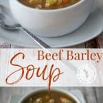 A bowl of soup on a table, with Beef and Barley soup