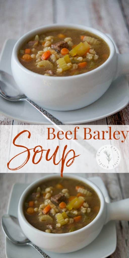 A bowl of soup on a table, with Beef and Barley soup
