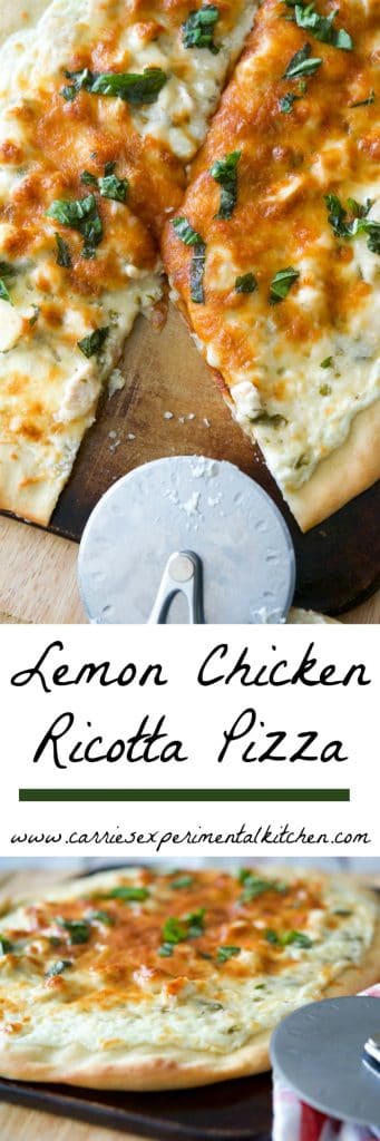 White pizza made with a mixture of ricotta and mozzarella cheeses; then topped with boneless chicken in a lemon basil sauce collage photo.