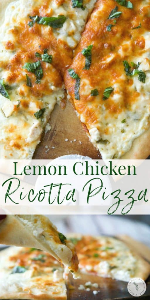 Lemon Chicken Ricotta Pizza is a white pizza made with a mixture of ricotta and mozzarella cheeses; then topped with boneless chicken in a lemon basil sauce. 