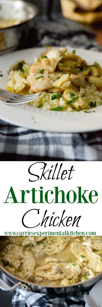 Skillet Artichoke Chicken made with boneless chicken breasts, artichoke hearts, garlic, rosemary and mushrooms in a light, lemony broth. #chicken #skillet #dinner
