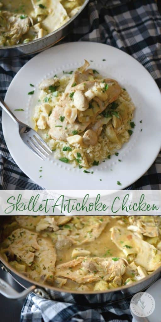 Skillet Artichoke Chicken made with boneless chicken, artichoke hearts, garlic, rosemary & mushrooms in a light, lemony broth.