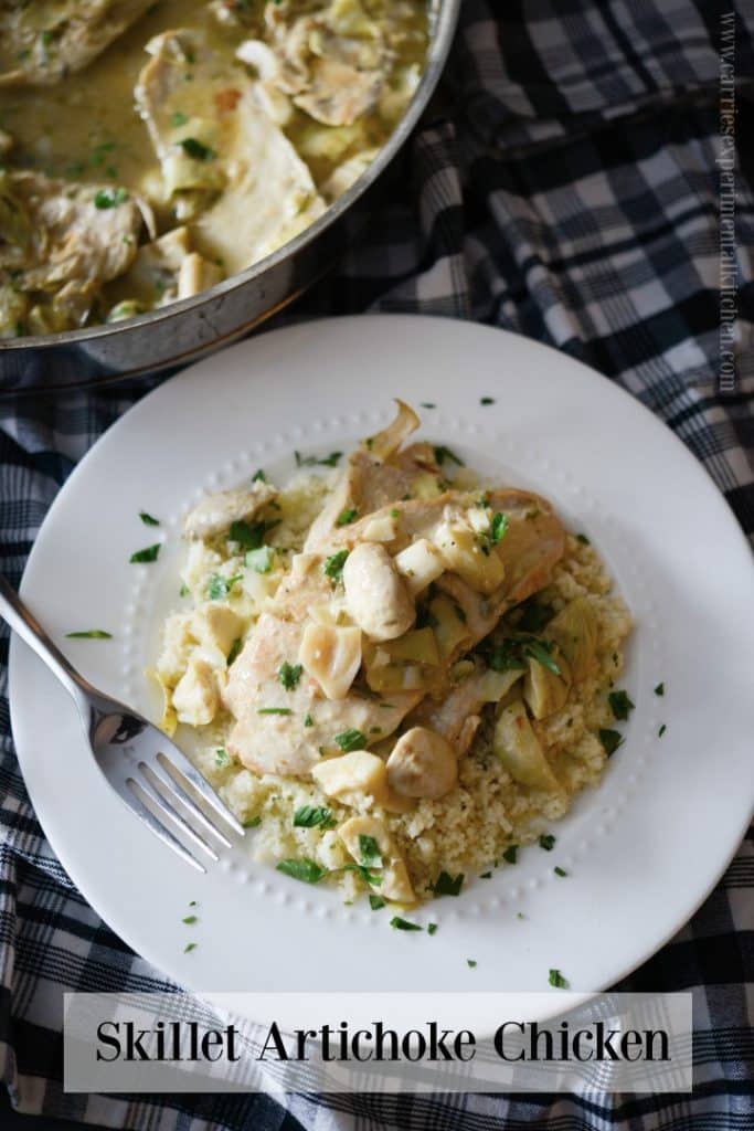 Skillet Artichoke Chicken made with boneless chicken breasts, artichoke hearts, garlic, rosemary and mushrooms in a light, lemony broth is a quick and easy, low fat meal that's ready in under one hour. Perfect for busy weeknights or weekend get togethers. 