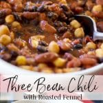 Three Bean Chili with Roasted Fennel made is loaded with flavor and is a tasty vegetarian option for a quick weeknight dinner.