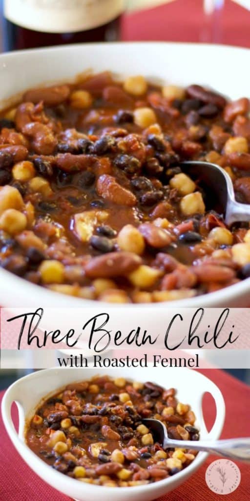 Three Bean Chili with Roasted Fennel made is loaded with flavor and is a tasty vegetarian option for a quick weeknight dinner.