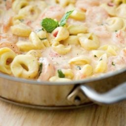 A bowl filled with pasta and cheese, with Shrimp and Tortellini
