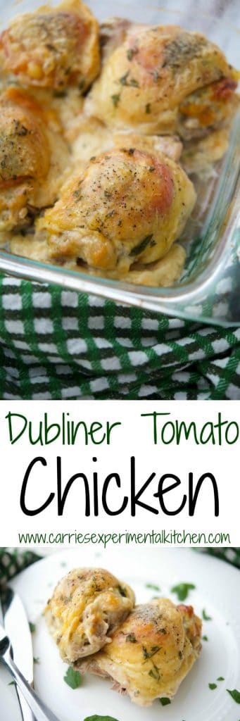 Dubliner Irish cheese, fresh slices of tomato and chopped parsley tucked under the skin of bone-in chicken thighs; then baked until tender and juicy. 