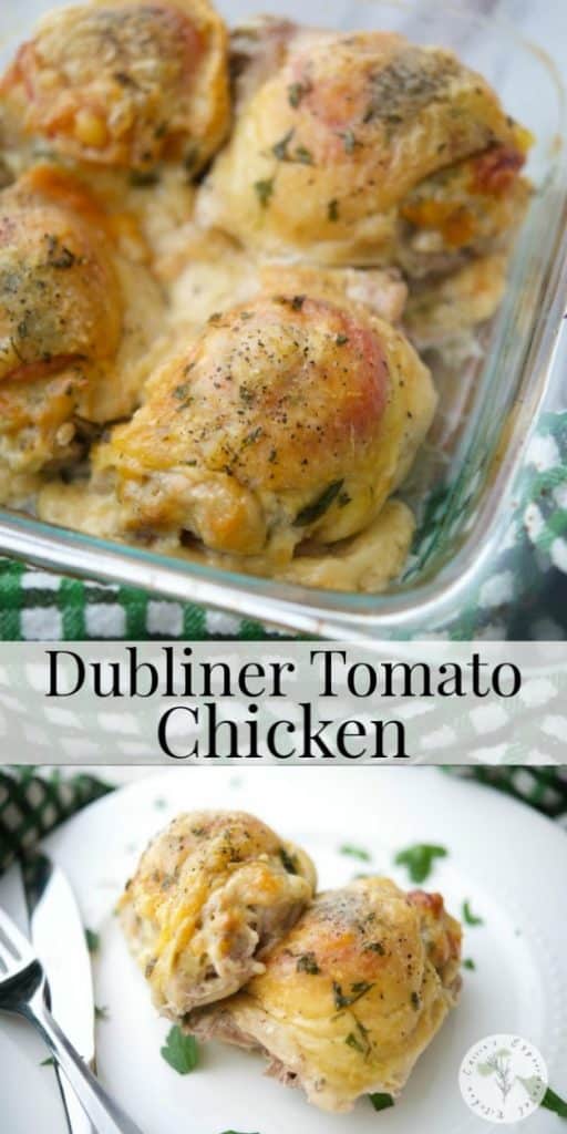 Dubliner Irish cheese, fresh slices of tomato and chopped parsley tucked under the skin of bone-in chicken thighs; then baked until tender and juicy.