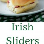 rish Sliders made with corned beef, melted Dubliner Irish cheese, sauerkraut and spicy Irish mustard on potato slider rolls collage photo.