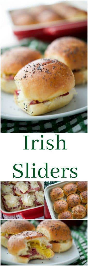 rish Sliders made with corned beef, melted Dubliner Irish cheese, sauerkraut and spicy Irish mustard on potato slider rolls collage photo.