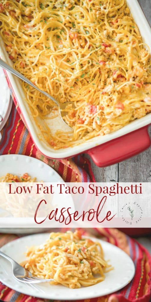Taco Spaghetti Casserole made with lean ground turkey & spaghetti combined with a low fat cheesy Mexican sauce. 