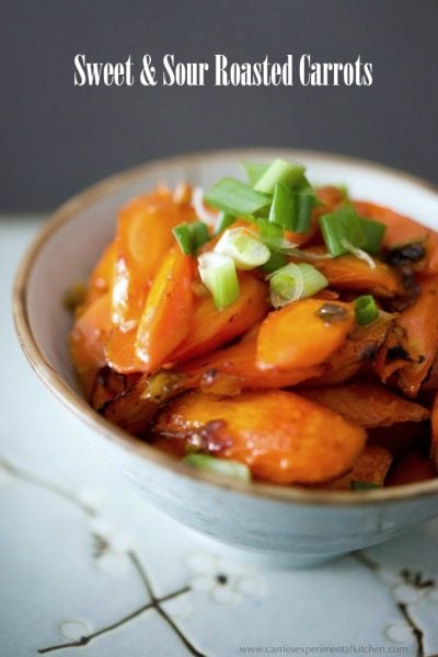 Sweet and Sour Roasted Carrots in a blue bowl.
