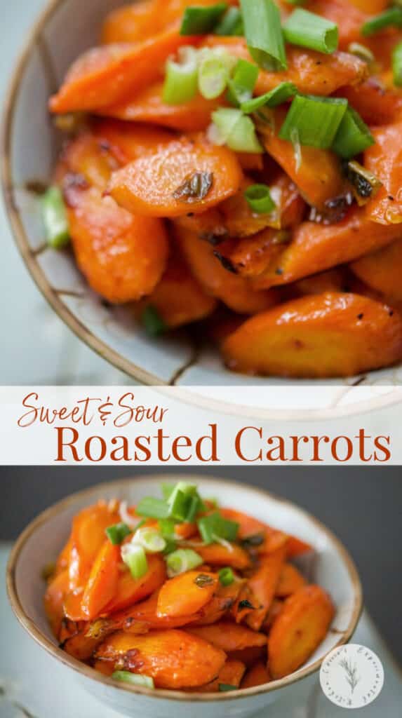 Sweet & Sour Roasted Carrots tossed in a mixture of sesame oil, garlic, chili paste, vinegar, salt and honey; then roasted until tender.