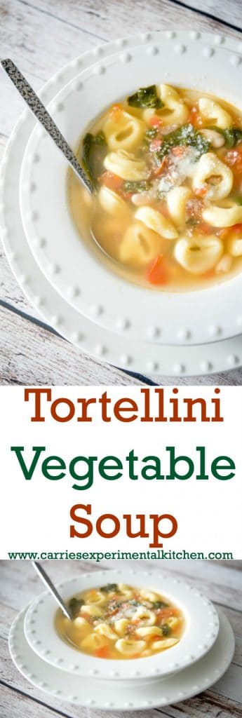 A bowl of food on a plate, with Tortellini and Soup