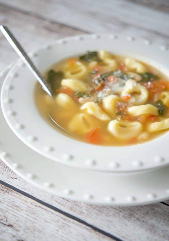 A bowl of soup and a spoon, with Tortellini and Cheese