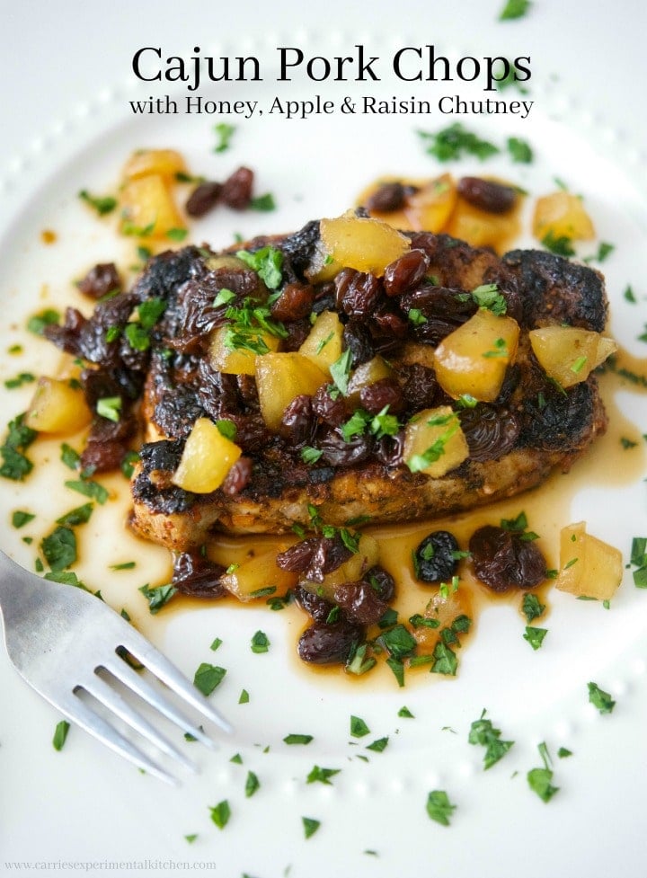 Boneless center cut pork loin chops dredged in cajun seasonings; then pan seared and topped with a honey, apple and raisin chutney.