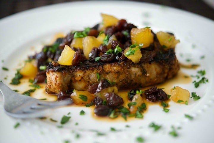 Cajun Pork Chops with Honey, Apple & Raisin Chutney