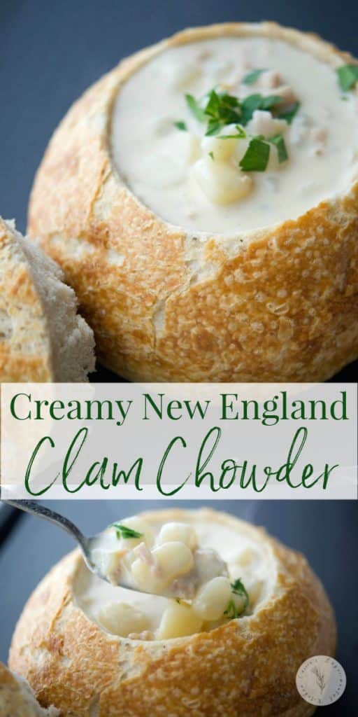 A collage photo of New England Clam Chowder