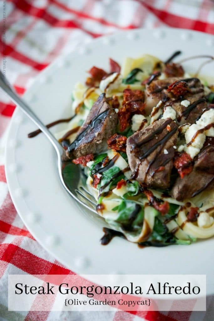 Grilled steak over fettuccine alfredo tossed with fresh spinach and Gorgonzola cheese; then topped with sun dried tomatoes and balsamic drizzle.