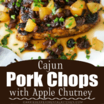 collage photo of pork chops with apples and raisins