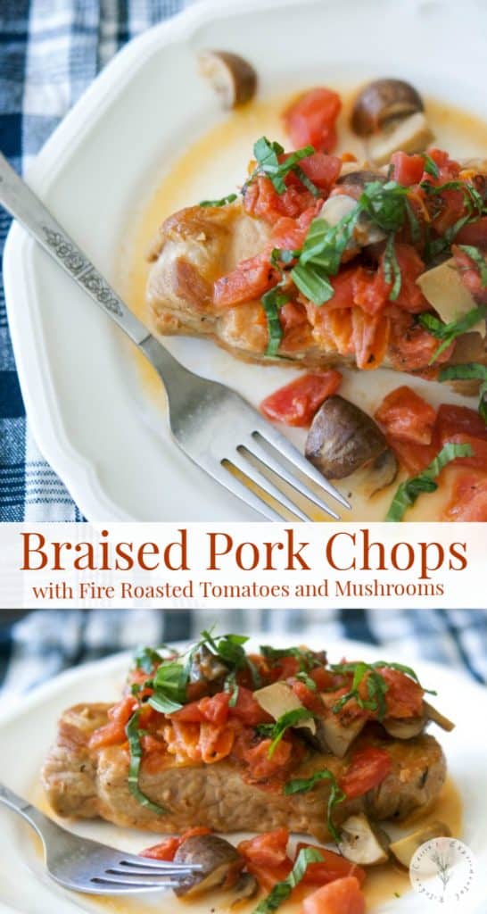 Braised boneless center cut pork chops with fire roasted tomatoes and Portobello mushrooms in a light cream sauce is deliciously light and flavorful.