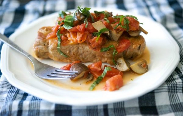 Braised Pork Chops with Fire Roasted Tomatoes and Mushrooms