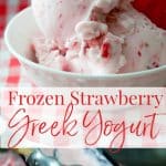Make your own rich and creamy Frozen Strawberry Greek Yogurt with four simple ingredients including fresh strawberries and reduced fat plain Greek yogurt.