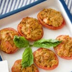 Asiago cheese, garlic, fresh rosemary and chopped tomatoes combined with Italian breadcrumbs stuffed inside ripe Roma tomatoes.