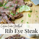 Rib eye steak marinated in cajun seasonings combined with fresh lime juice, honey and a light oil; then grilled to  your liking. Make it as mild or spicy as you like, either way, it will be your new favorite marinade!