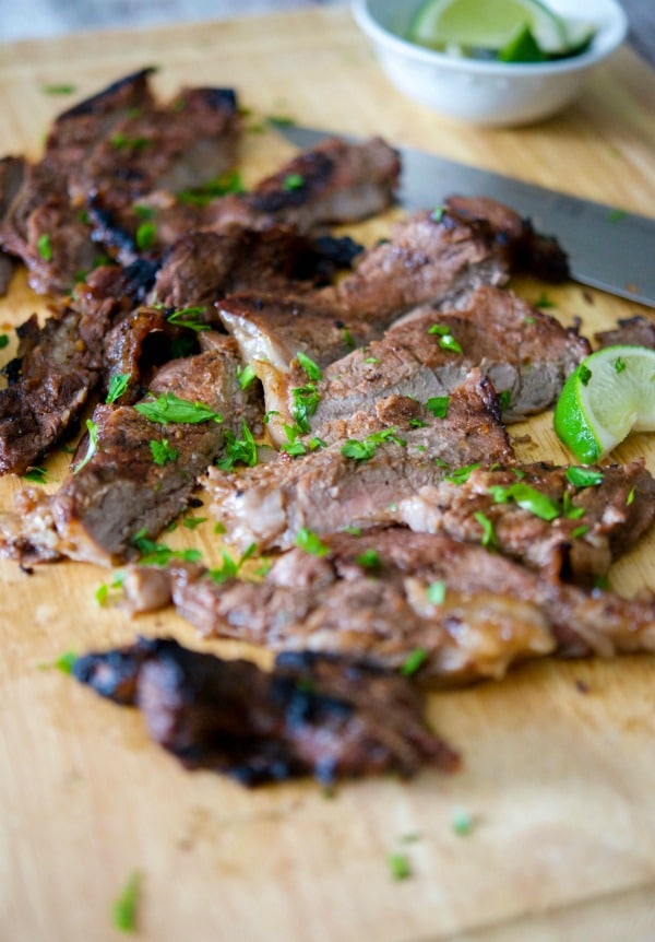 A close up of food, with Steak and Beef