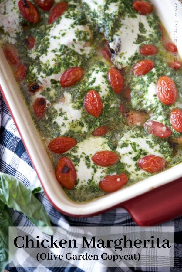 Chicken Margherita; Olive Garden copycat recipe in a red casserole dish. 