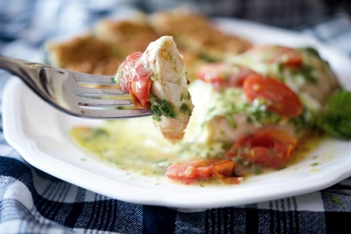 Chicken Margherita on a fork