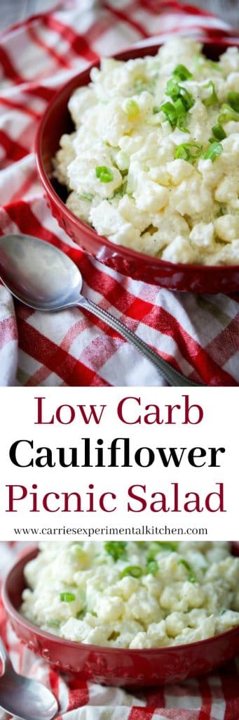 A bowl of low carb cauliflower picnic salad on a table 