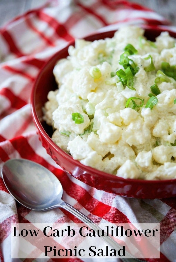 A close up of a bowl of low carb cauliflower picnic salad