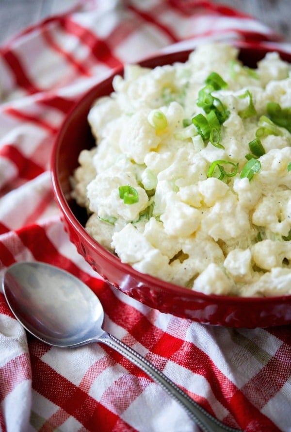 A bowl of cauliflower picnic salad.