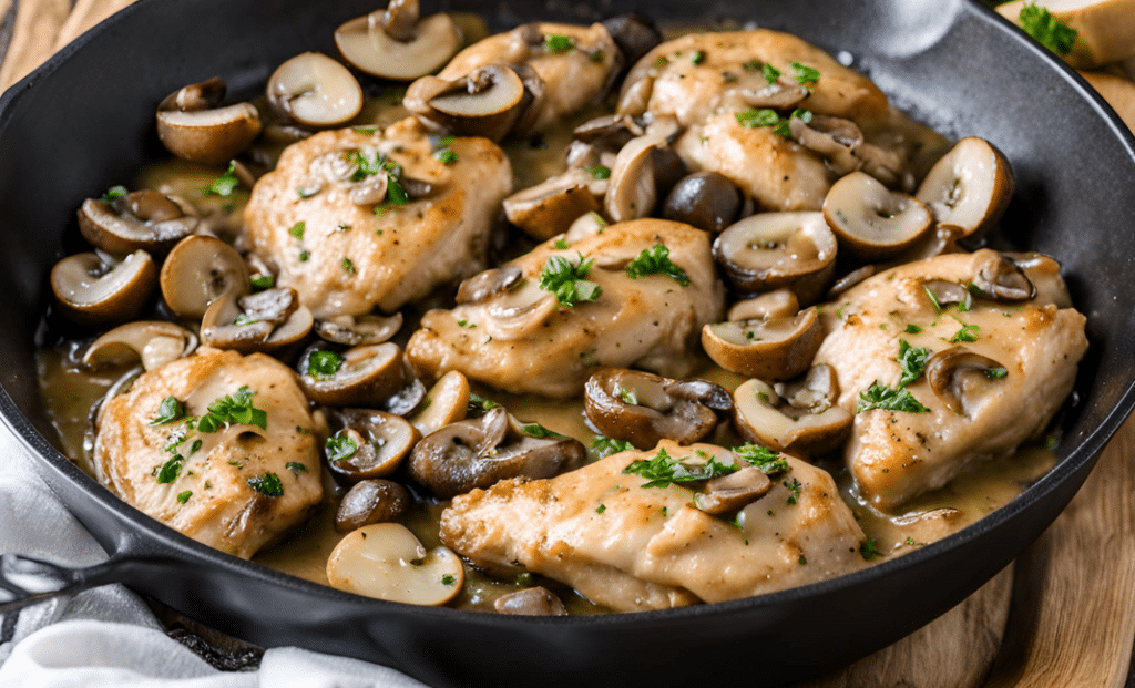 a close up of chicken marsala in a skillet