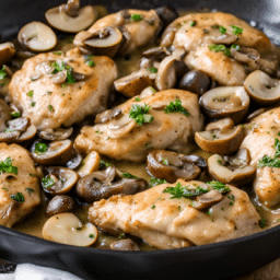a close up of chicken marsala in a skillet