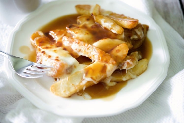 Steak fries on a plate with brown gravy and melted cheese. 