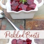 A collage photo of pickled beets. 