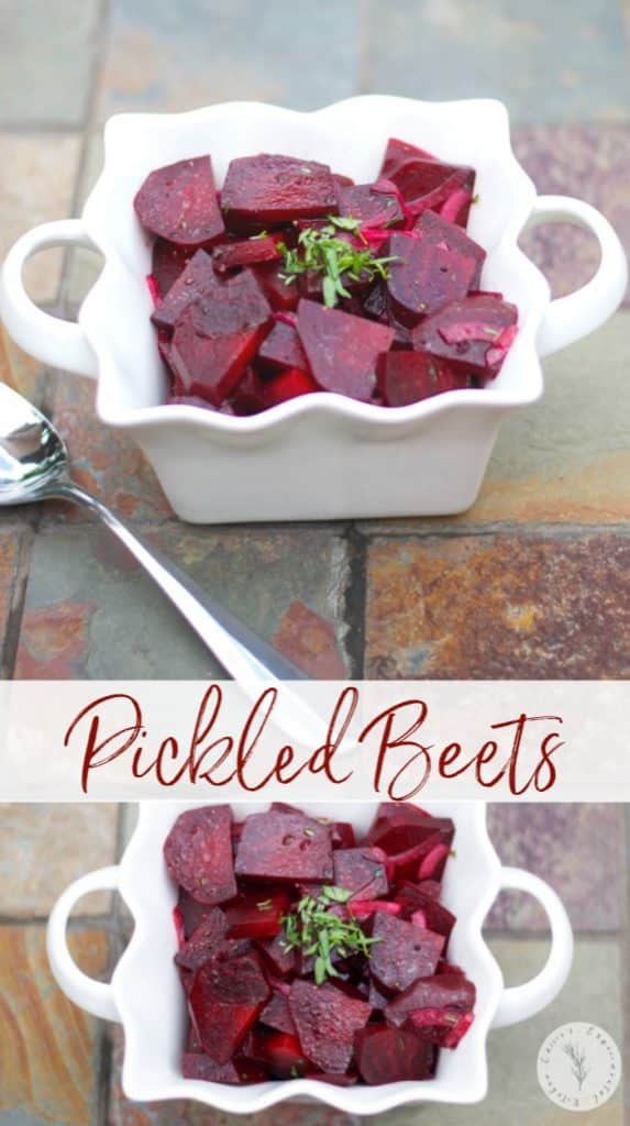 A collage photo of pickled beets. 