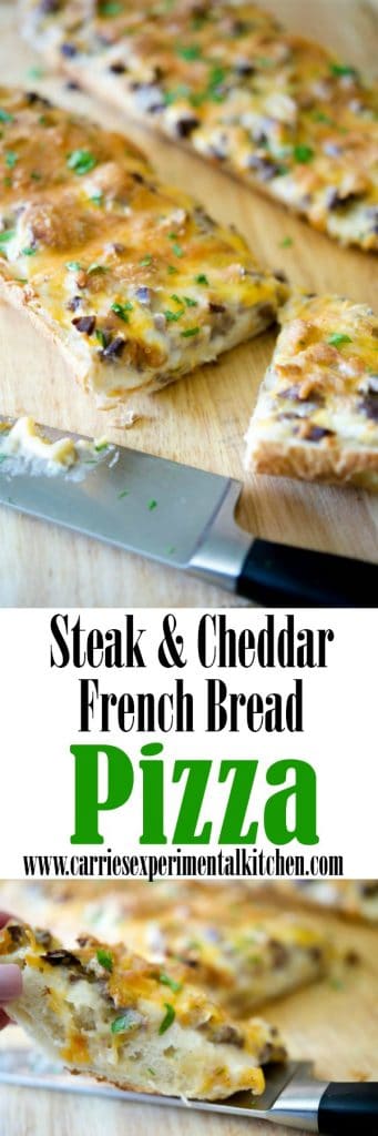A slice of steak and cheddar french bread pizza with a knife