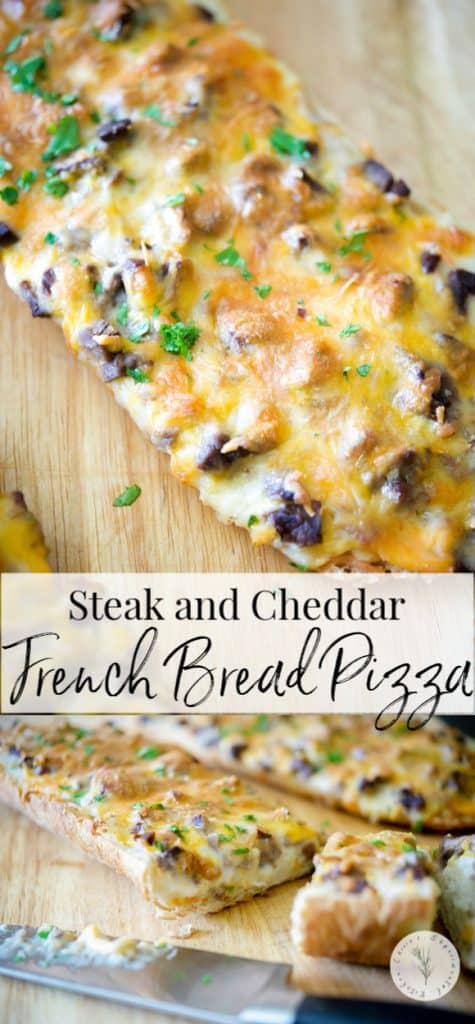 Steak and cheddar french bread pizza on a cutting board 