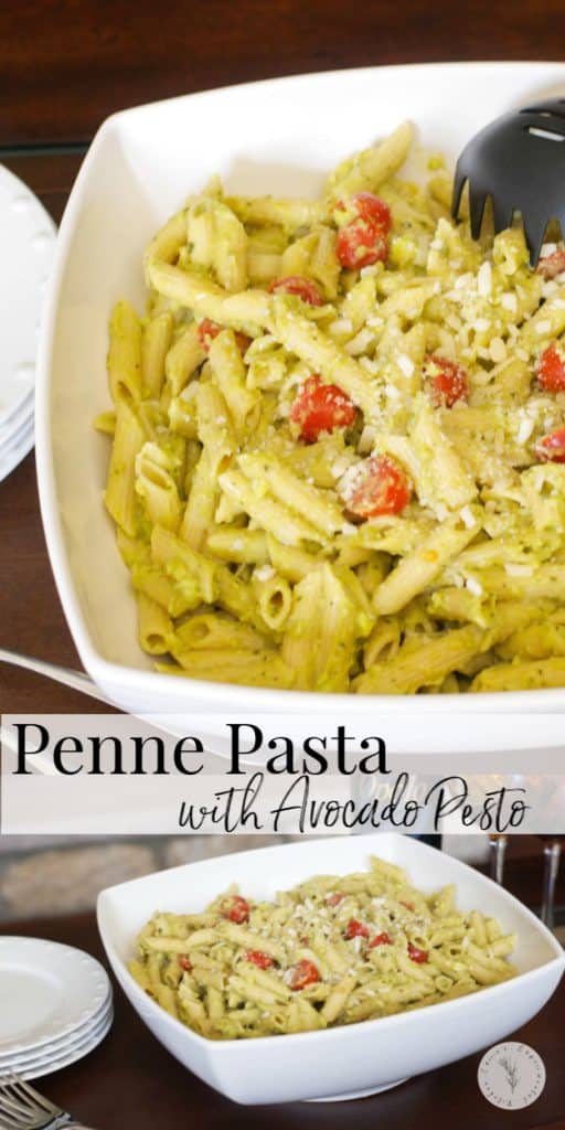 Penne with Avocado Pesto made with avocado, fresh basil, garlic, Parmesan cheese and extra virgin olive oil makes a deliciously quick weeknight meal.
