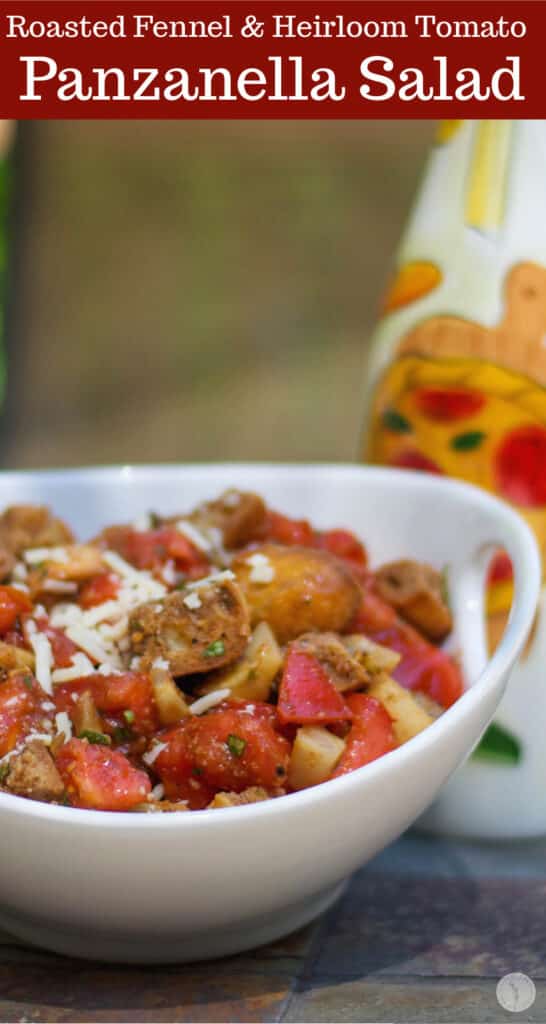 Roasted Fennel and Heirloom Tomato Panzanella Salad made with talian bread, roasted fennel and Heirloom tomatoes in a Balsamic Vinaigrette. 